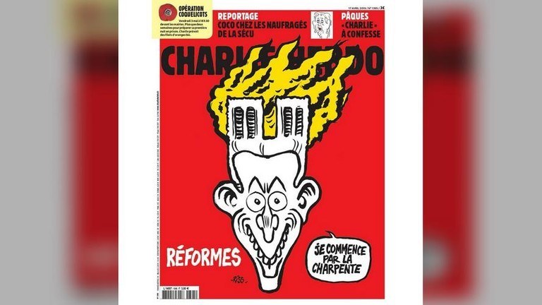 „Шарли Ебдо“: Нотр Дам гори на главата на Макрон