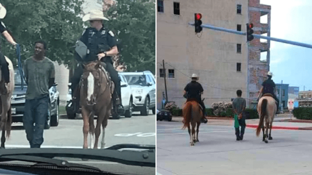 Полицајци од Тексас качени на коњи водат Афроамериканец врзан за јаже