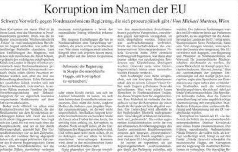 Германски ФАЦ со насловна за Македонија: Корупција на Владата во име на ЕУ