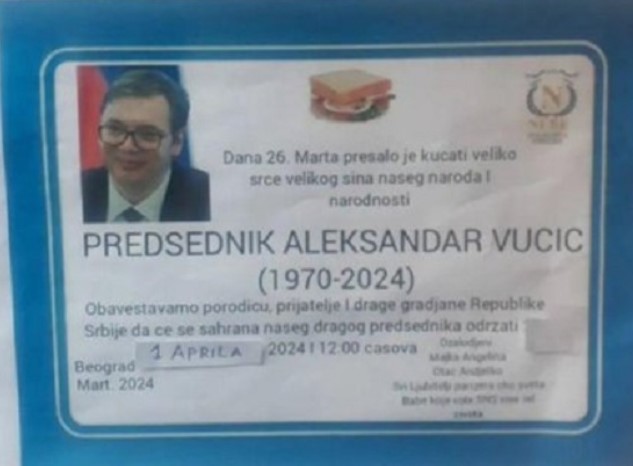 Болно: Српската опозиција објави некролог со Вучиќ (ФОТО)